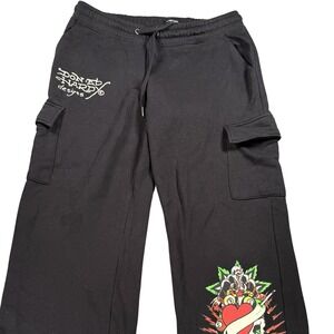Ed Hardy Women's Black Cargo Sweatpants Graphic Rose Skull Heart EHW8203 Size L